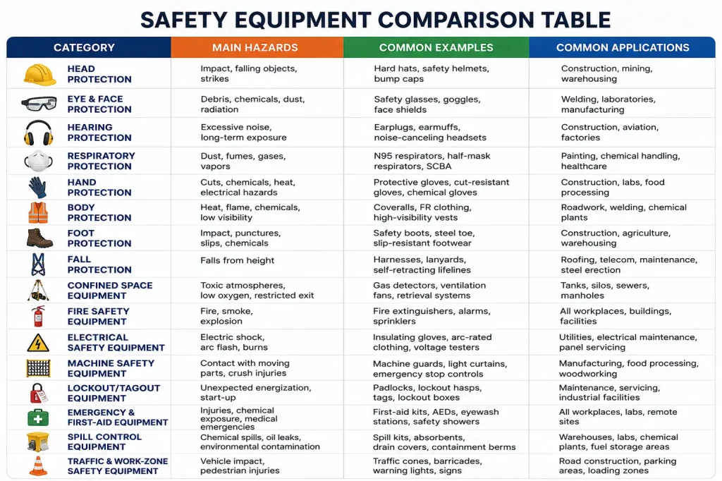 safety equipment comparison table