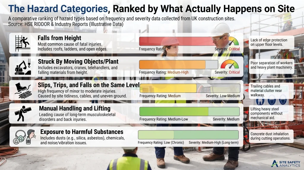 the hazard categories, ranked by what actually happens on site