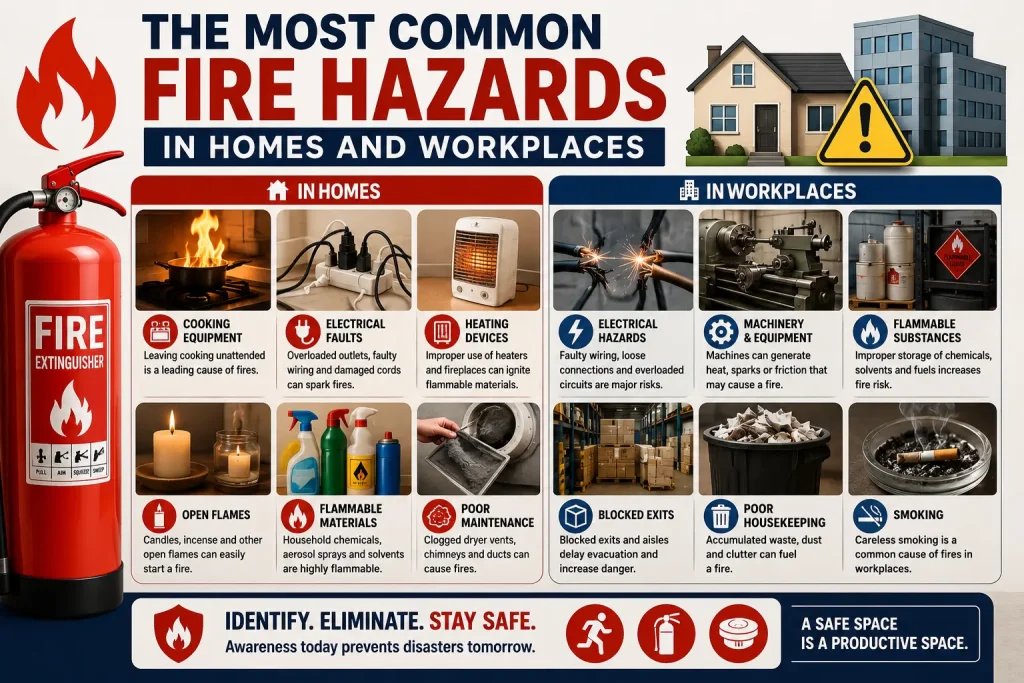 the most common fire hazards in homes and workplaces