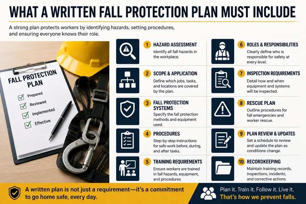 what a written fall protection plan must include