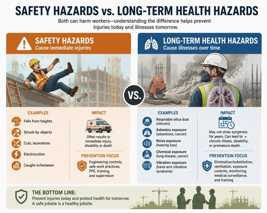 safety hazards vs. long-term health hazards